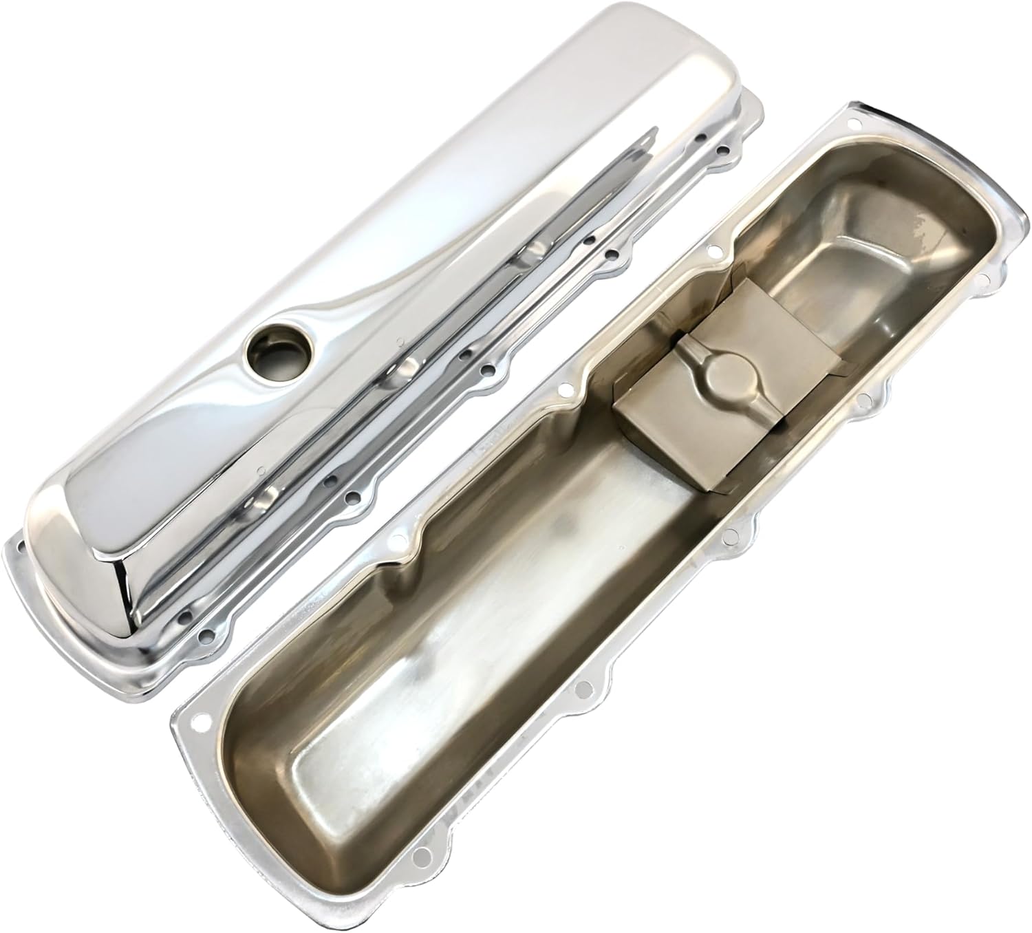 Steel Valve Covers – Fits 1964–1980 Oldsmobile 330‑350‑400‑425‑455 (Stock Height, 1 Push‑in Hole, Smooth Top) – Chrome Finish