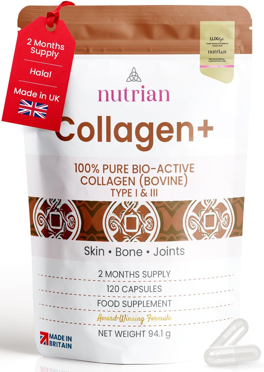 Collagen+ | 1200mg Bio-Active Hydrolysed 100% Bovine Collagen Peptides | Grass-Fed, Halal Certified, Made in UK | Type I & III | Skin, Hair, Nails & Joint Support | 120 Capsules
