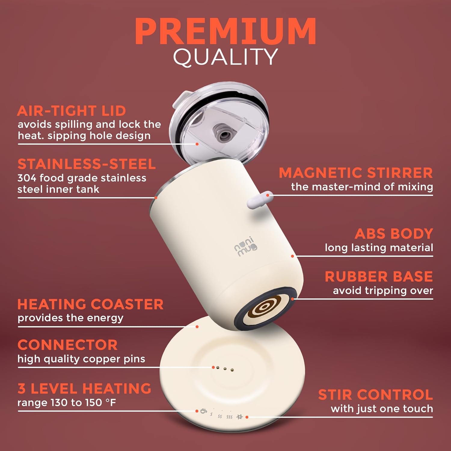 Self Stirring Coffee Mug- 10 Oz No Batteries Smart Dual Function 3 Temperature Levels Control to Stir & Heat Beverages - Powerful 12V Charger Airtight Lid bElectric Cup in a Gift Box (White)