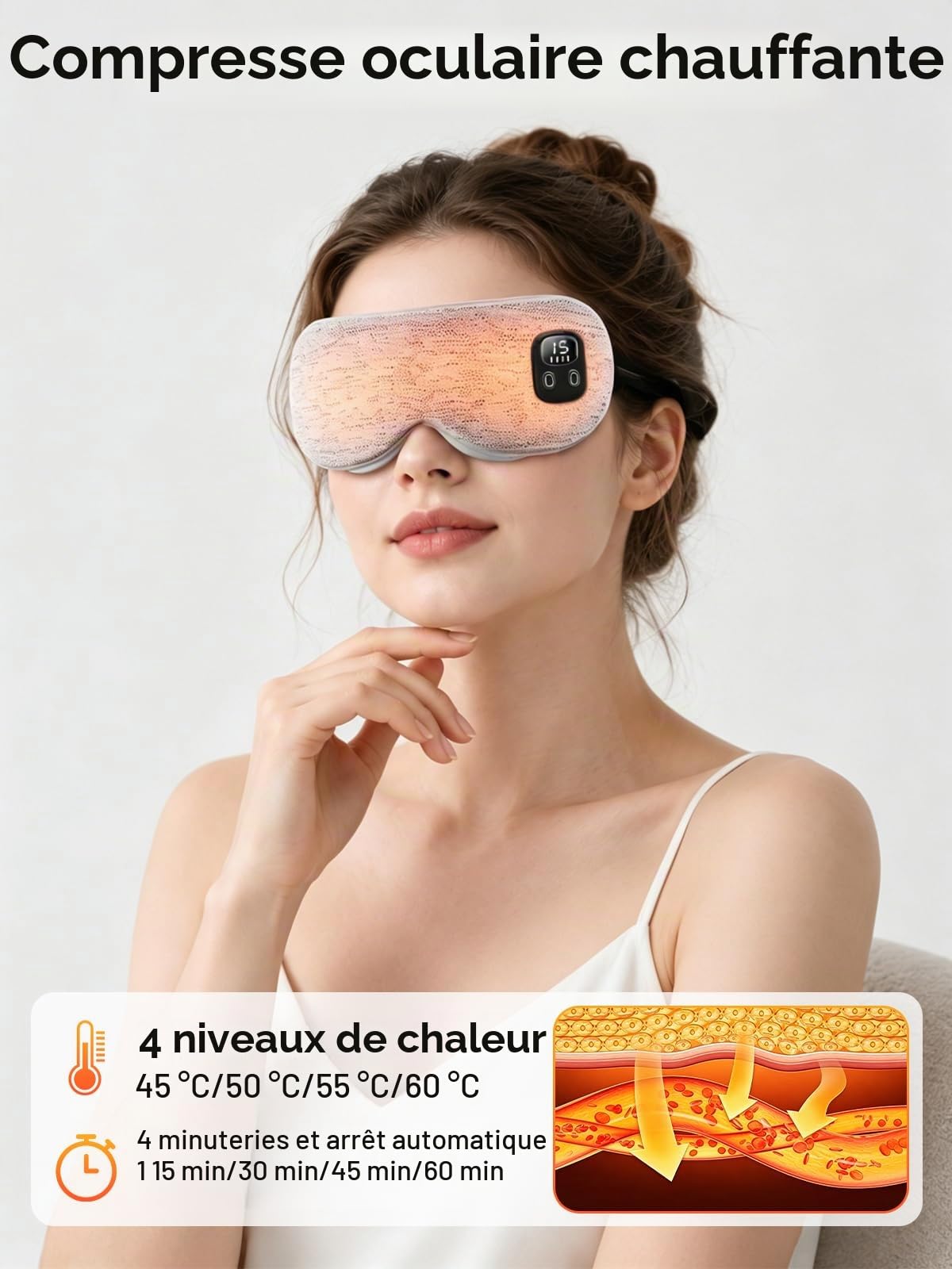 EASICUTI Masque chauffant pour les yeux - Compresse chaude sans fil pour la | Stye Treatment - Soulagement des yeux - Améliore le sommeil - 4 niveaux de température et minuterie - Coussin chauffant