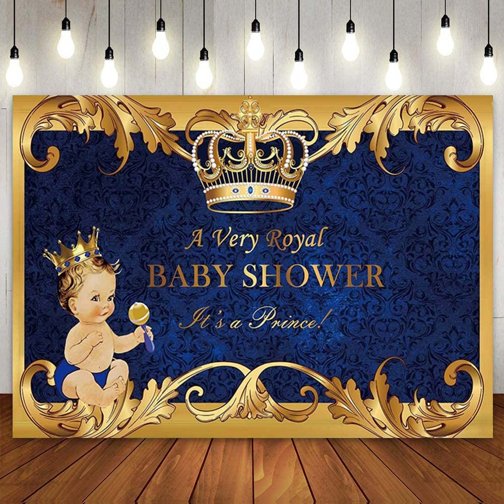 Białe tło baby shower chłopiec impreza baner dekoracja królewski niebieski złota korona tło plakat winyl