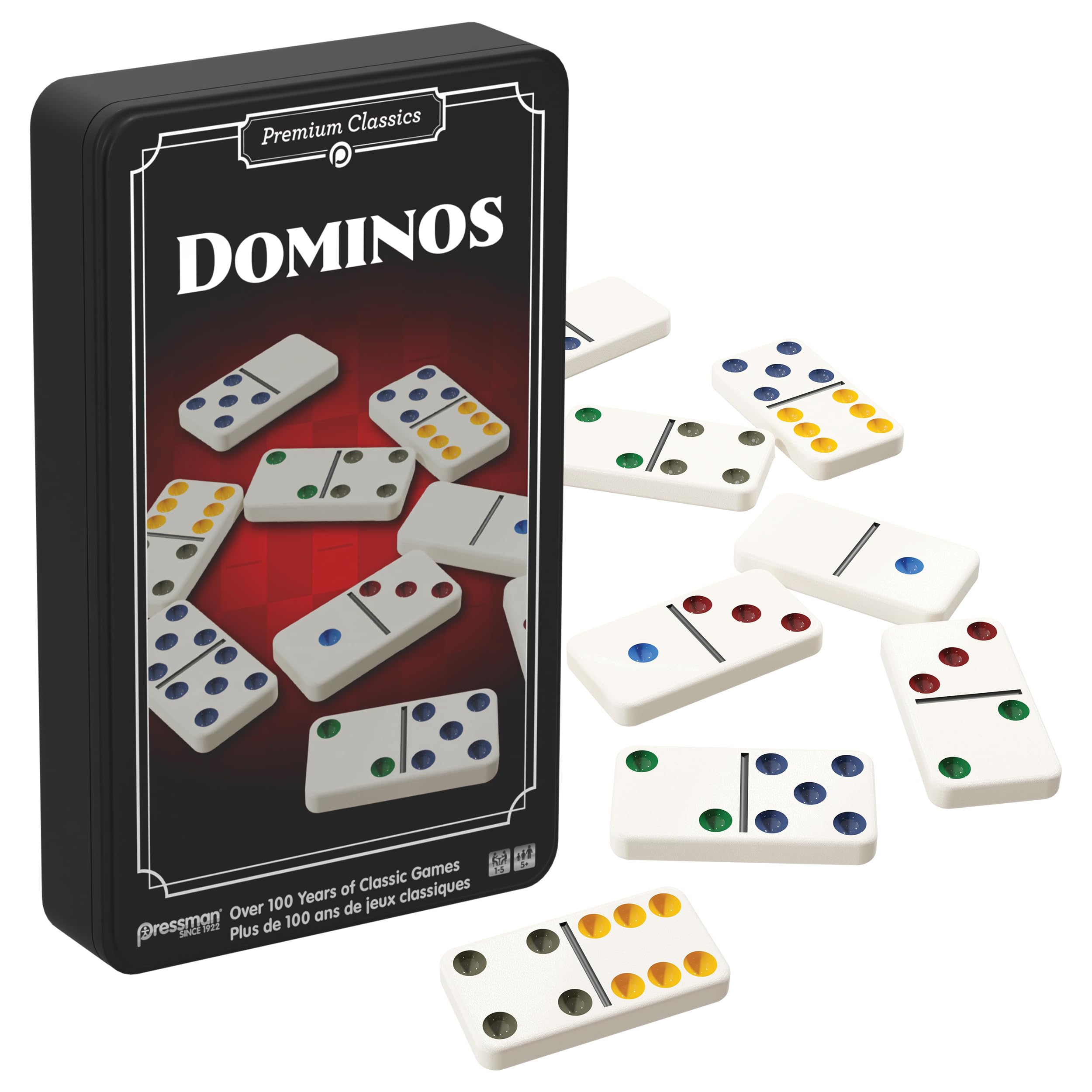 Goliath - DOMINO, Classic Board Game for Adults and Children from 5 Years, Travel Version with Metal Box of 28 Dominoes with Colored Dots for 1-5 Players