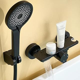 Auralum Badewannenarmatur mit Duschbrause, Duscharmatur Komplettset mit Ablage, Wasserfall Duscharmaturen, Edelstahl Schlauch und Wand Halterung, Messing Mischbatterie mit Handbrause für Bad, schwarz