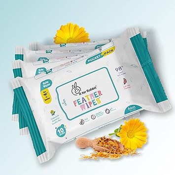 R for Rabbit Feather Aqua Baby Wipes Combo Travel Pack Of 40 Units | Pure Water Wet Wipes for Babies With Lid (Combo of 4 Packs) - image, photos
