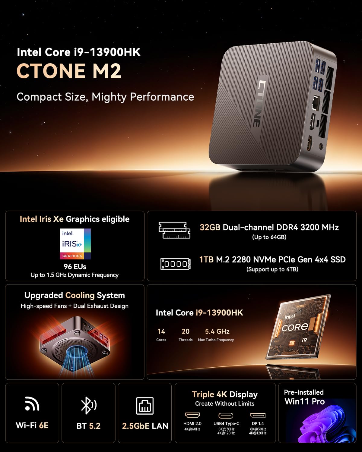 CTONE M2 Mini PC i9-14900HX, 32GB DDR4, 1TB NVMe SSD, Triple 4K | Maximale CPU-Power – i9-14900HX, 32 GB DDR4 und 1 TB NVMe-SSD für Datenanalyse, kreative Tools und Triple-4K.