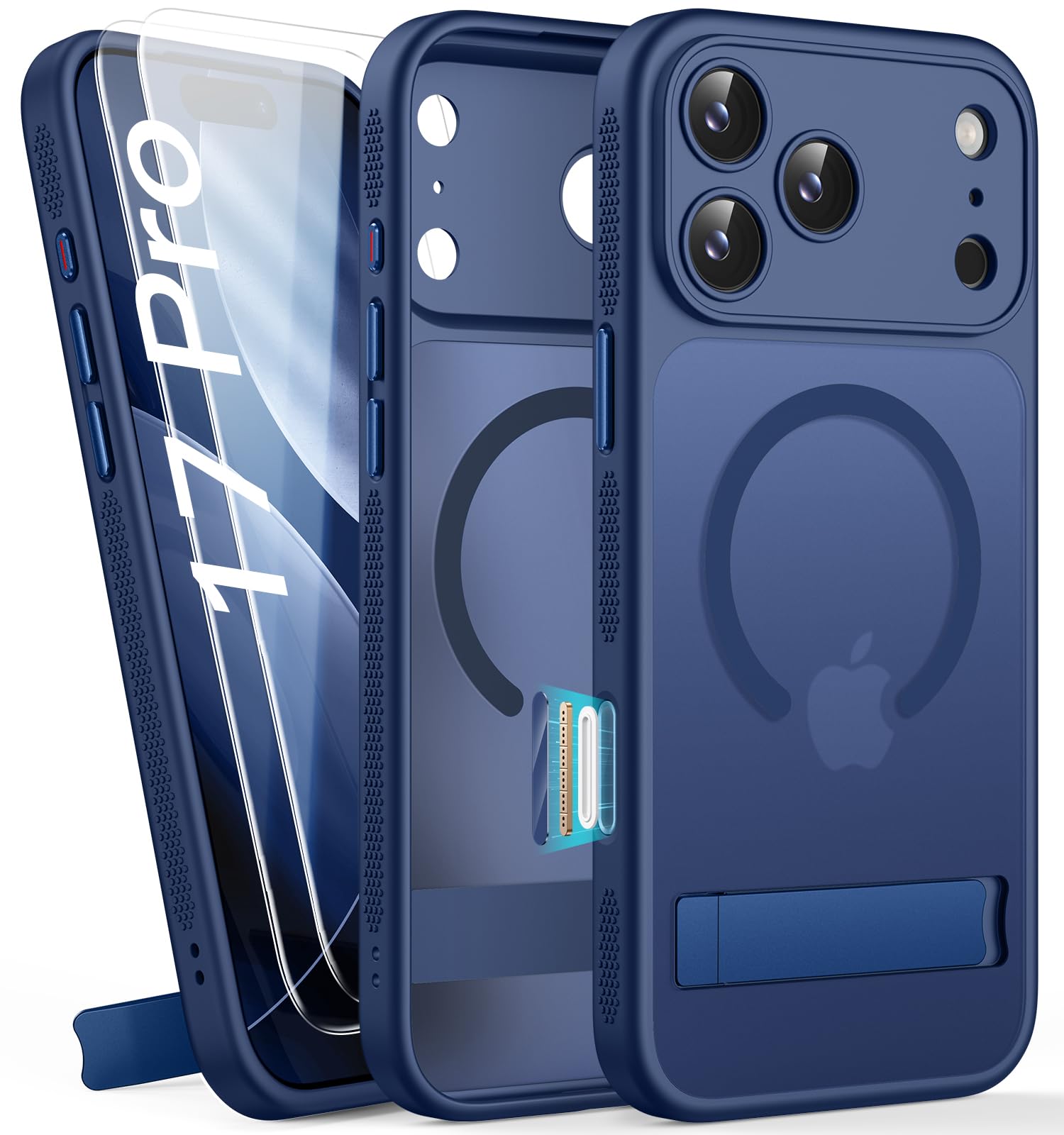 for iPhone 17 Pro Magnetic Case with Stand, 2 Glass Screen Protectors, Compatible with MagSafe, Lens Protection, Camera Control, Military Grade, Translucent Matte Case for iPhone 17 Pro, Blue