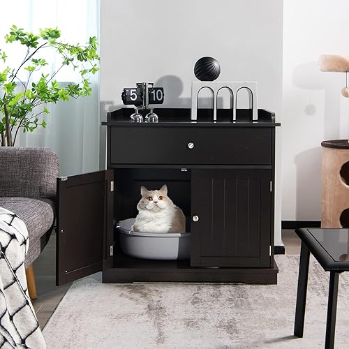 Miniatura 7 de PETSITE Caja de arena para gatos, mesa auxiliar grande para baño para gatos con cajón y 2 puertas, gabinete de almacenamiento de madera para gatos,