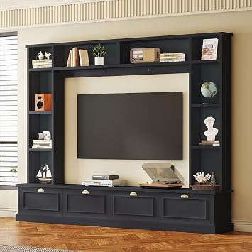 Large Wall Unit TV Stand Entertainment Center with Bookshelves for TVs Up to 75, Modern TV Console with Cabinets and Open Shelves, Farmhouse TV Cabinet with Golden Handles, Black