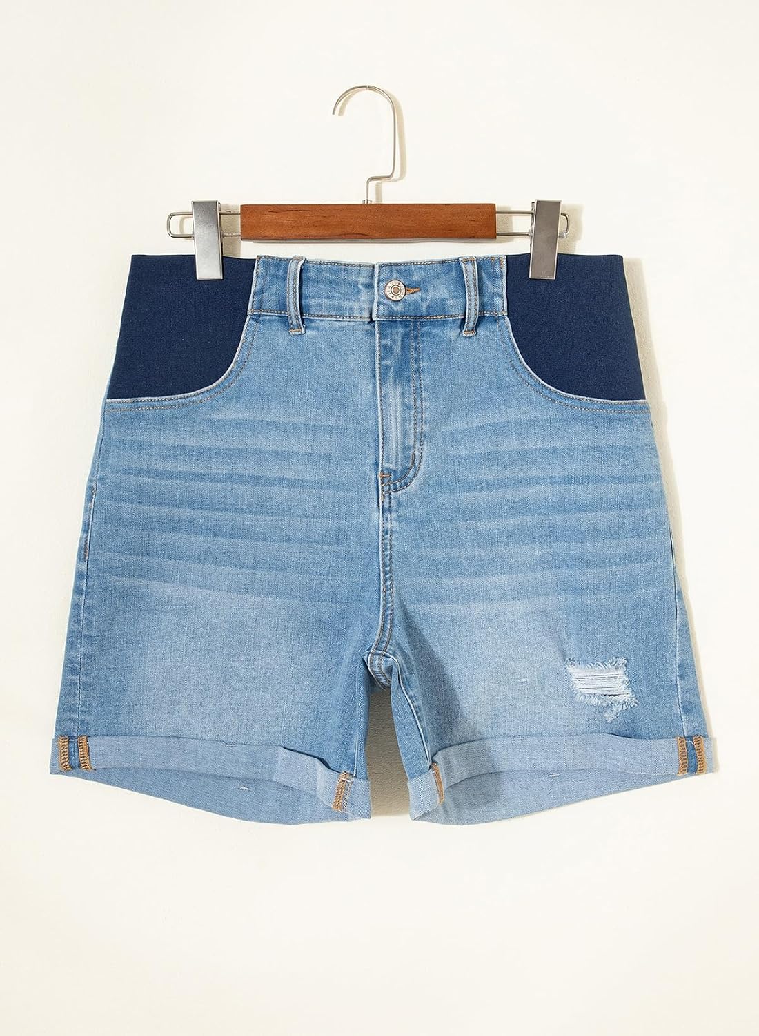 BLENCOT Maternity Jean Shorts for Women Under Belly Pregnancy Trendy Ripped Casual Summer Fold Hem Stretchy Shorts Denim
