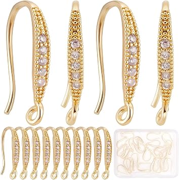 CREATCABIN 30Pcs Cubic Zirconia Earring Hooks 18K Gold Plated Brass Fish Hooks Ear Wires with Vertical Loop French Dangle Earring Findings Connectors for DIY Jewelry Earring Making Women 15x1.2mm
