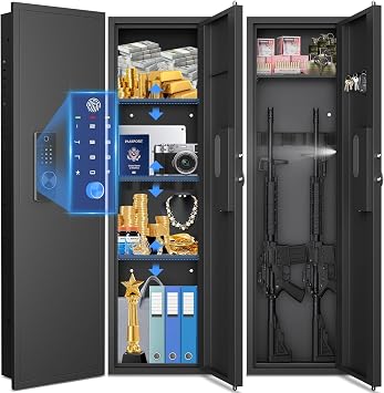 53"Tall Wall Safe Between the Studs, Wall Gun Safe with Biometric Fingerprint Lock Dual Alarm System & Silent Mode,3 Adjustable Shelves and Magnetic Slot Black-Fingerprint Safe