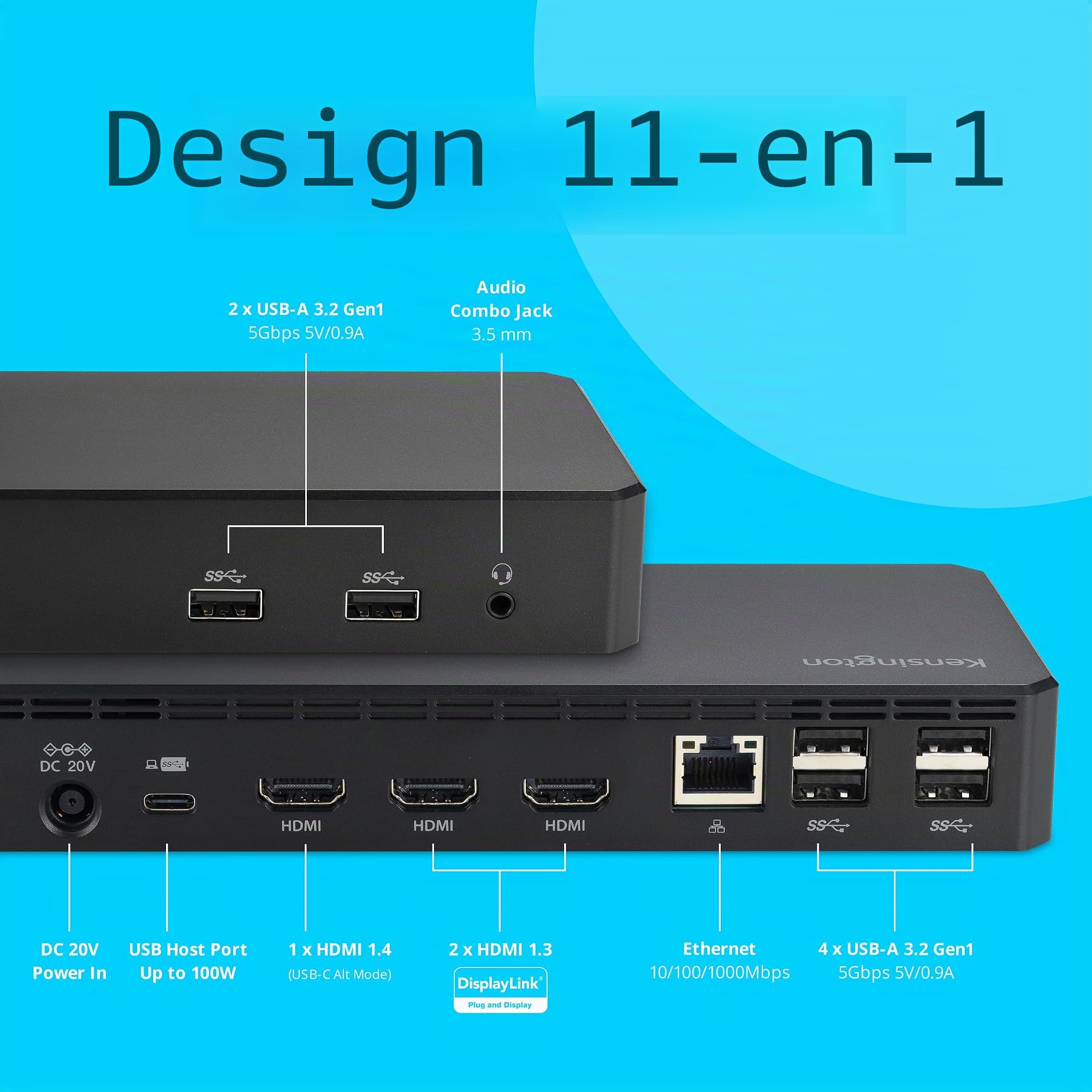 Kensington SD4760P Station d'accueil USB-C 11 en 1 Triple Moniteur DisplayLink, 3 Ports HDMI, Charge 100 W pour Ordinateur Portable, 6 Ports USB A, Ethernet, Audio, pour Mac et Windows Pilote