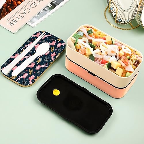 Miniatura 5 de Linda caja de almuerzo Bento con patrón de ajolote de natación, a prueba de fugas, contenedor de comida con 2 compartimentos para trabajo fuera de