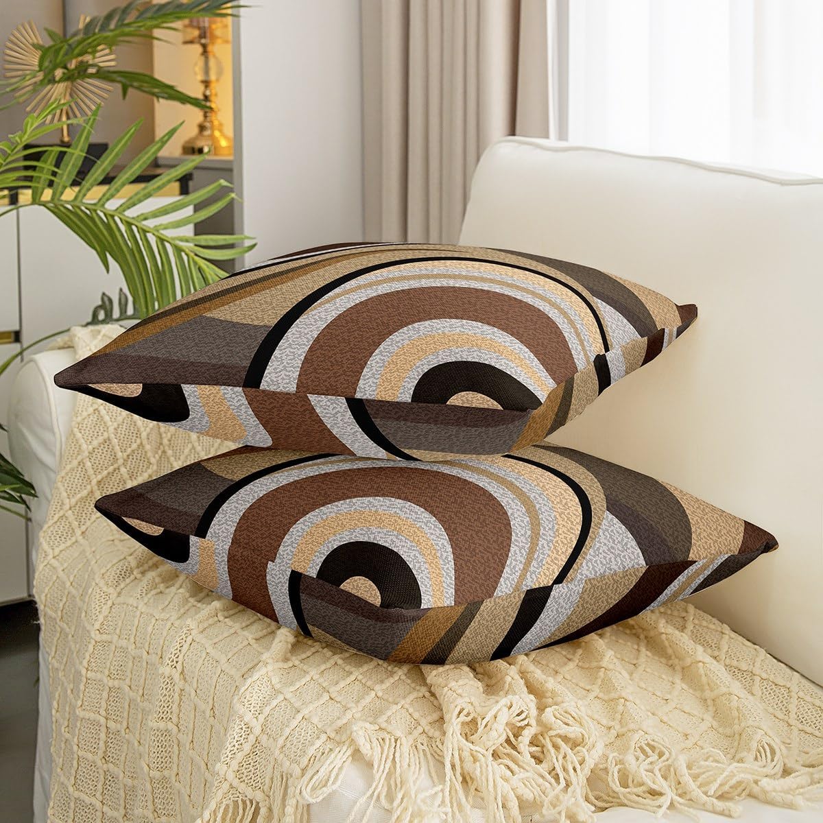 Feelyou Pack of 4 Geometric Decor Outdoor Throw Pillow Covers, Soft Stripe Line Brown Grey Square Cushion Case Set for Couch Sofa Living Room, Modern Art Porch Pillows Cases Pillowcases, 20x20 Inches