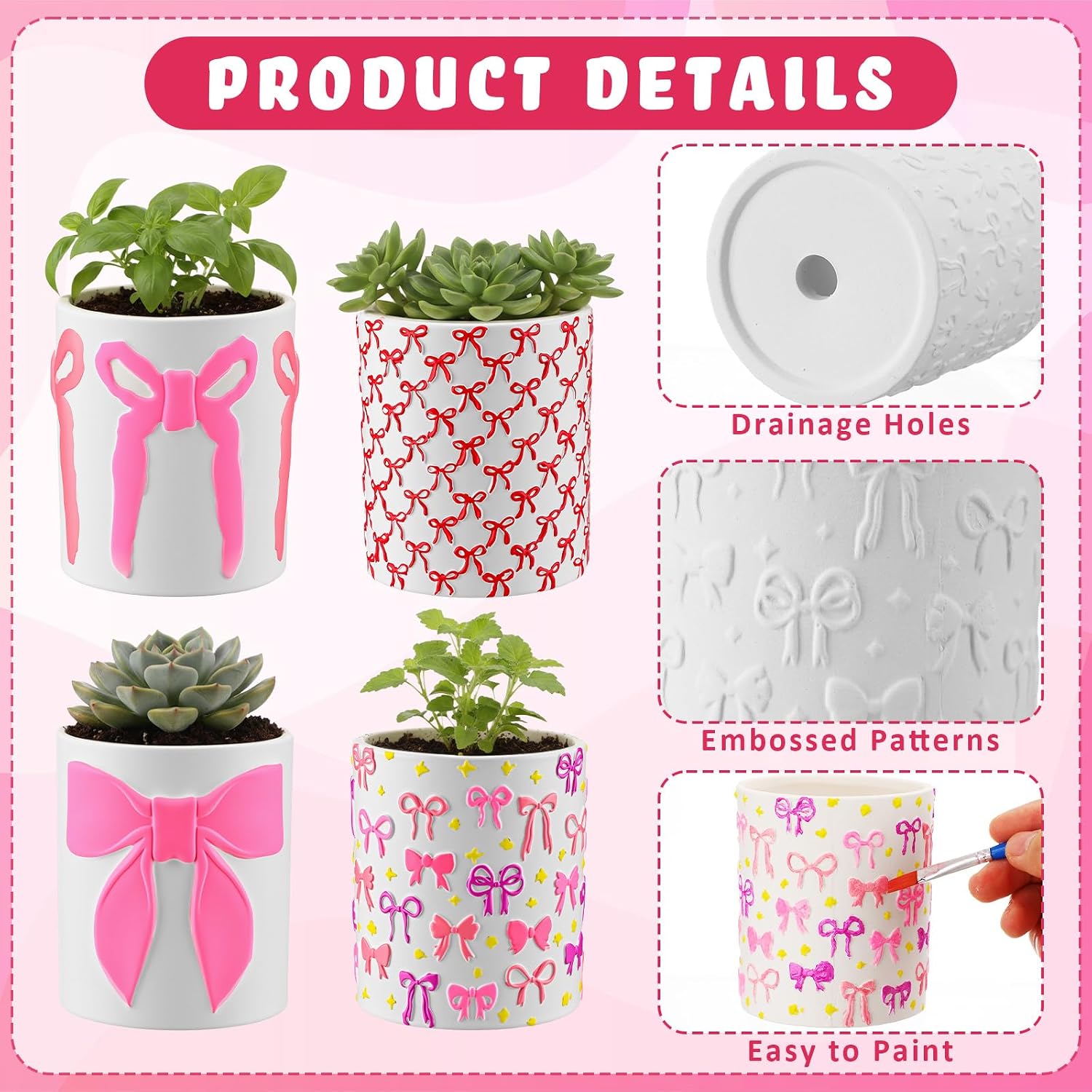 Zubebe 12 Pcs Paint Your Own Ceramic Pots Bulk Unfinished Succulent Pots Craft Kit with Drainage Hole Mini Paintable Plant Vase Ready to Paint Planter for Cactus DIY Craft (Bow)