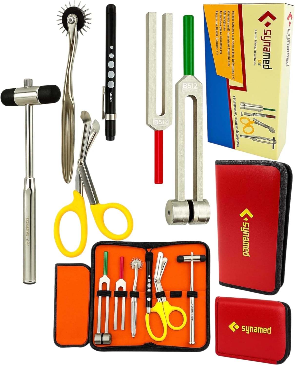 Cynamed Set of 6 pcs Reflex Percussion Buck Hammer + Penlight +Tuning Fork C 128 C 512 + Bandage Scissors 7.25" + Wartenberg Pinwheel (Set of 6)