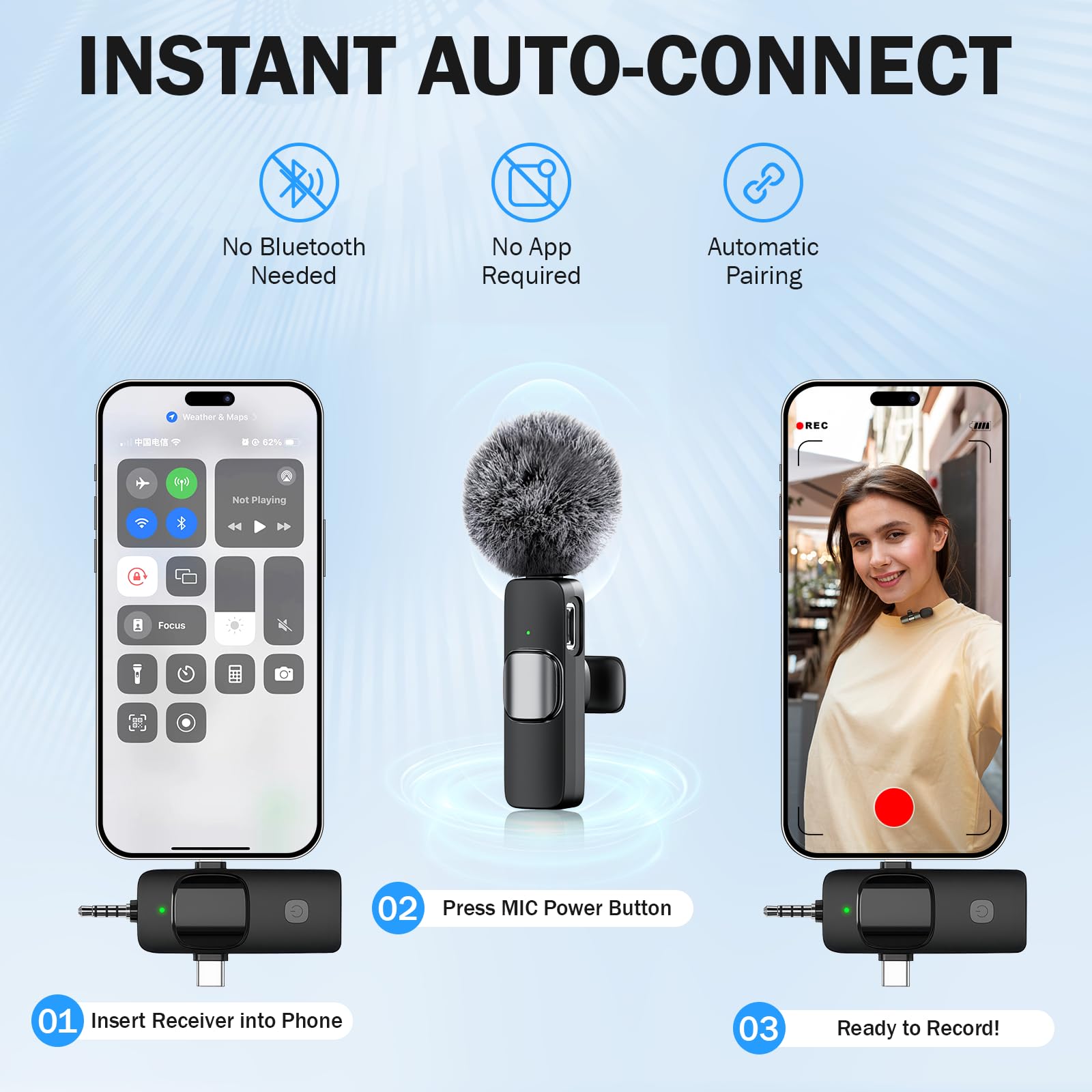 SURPN Microfono Lavalier Wireless per iPhone, Android, iPad, Fotocamera, MiMi Microfono Plug-play con Riduzione del Rumore, per YouTube, TikTok, Vlog,Conferenze, Registrazione Video e Live Streaming