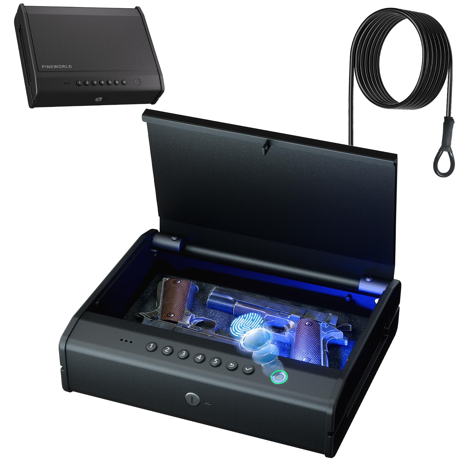 Biometric Gun Safe For Handgun, Pistol Safe with Fingerprint/Backlit Keypad/Keys, 3 Quick Access Handgun Safe fits 2-3 Pistols, Gun Case with Interior LED Cable for Nightstand Car Large Size