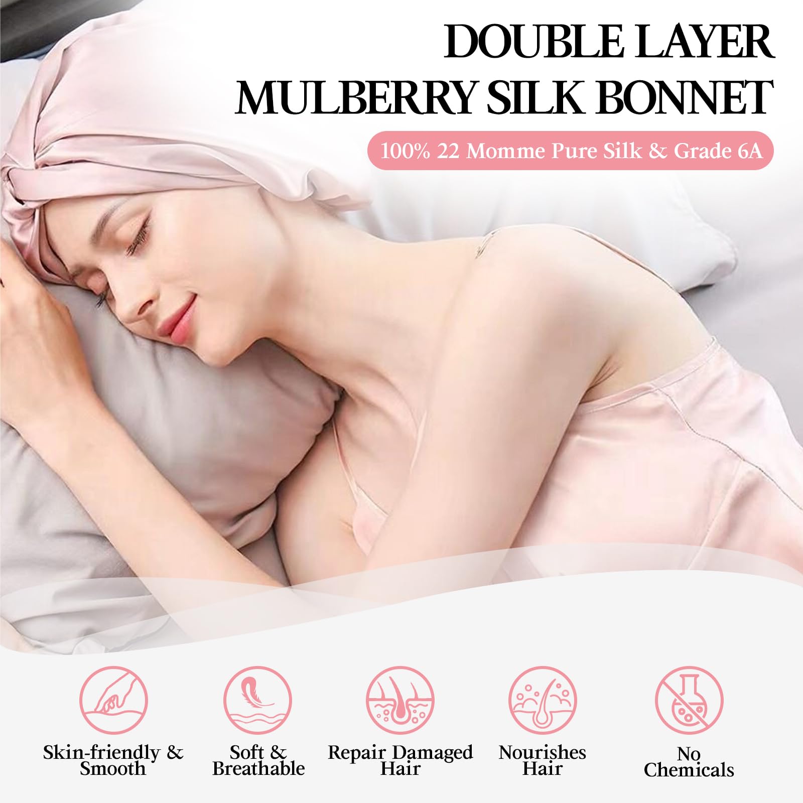 22 Momme 100% Pure Mulberry Silk Sleep Cap for Women Hair Care,Double Layer Natural Silk Bonnet Shower Cap Hair Wrap for Sleeping,Silk Night Hat with Elastic Stay On Head For Wash/Makeup - Image 2