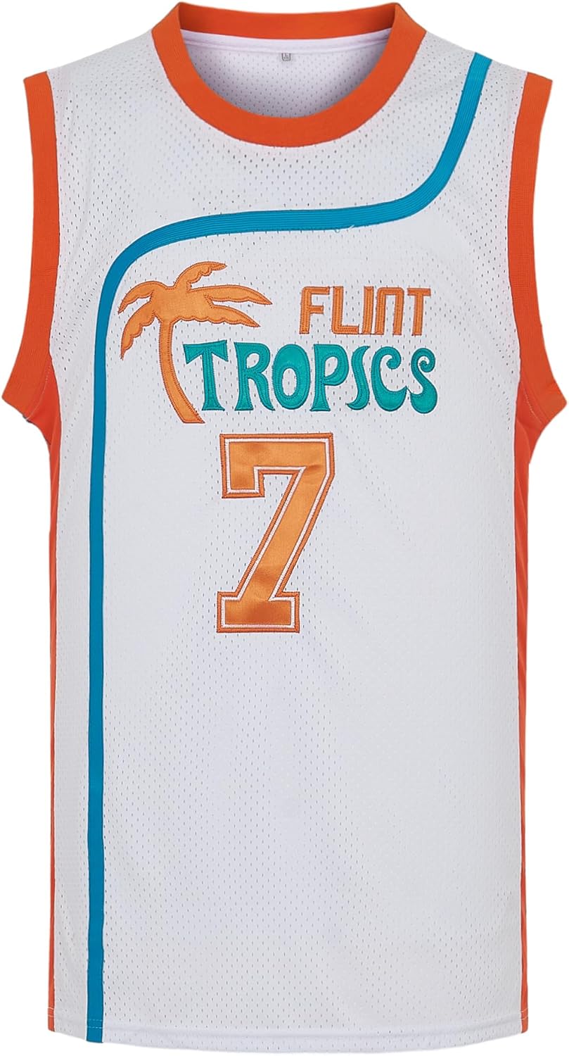 Mens Flint Tropics Jersey #33 Jackie Moon #7 Coffee Black Semi Pro Moive Shirts 90s Hip Hop Clothes for Party Mens Flint Tropics Jersey #33 Jackie Moon #7 Coffee Black Semi Pro Moive Shirts 90s Hip Hop Clothes for Party