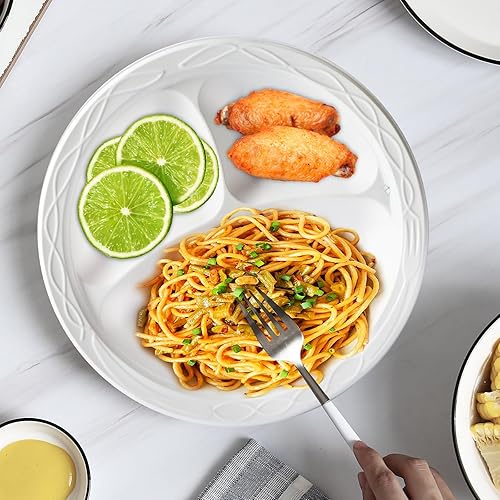 Miniatura 6 de EKOSAVOR Platos de plástico, 3 compartimentos, paquete de 150 platos reutilizables sin BPA, platos resistentes irrompibles, platos para fiestas,