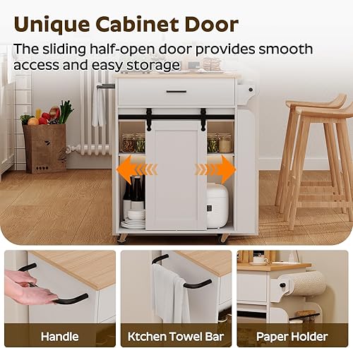 Miniatura 5 de Isla de cocina con almacenamiento, gabinetes de almacenamiento de cocina con estación de carga, isla de cocina sobre ruedas, mesa de isla rodante