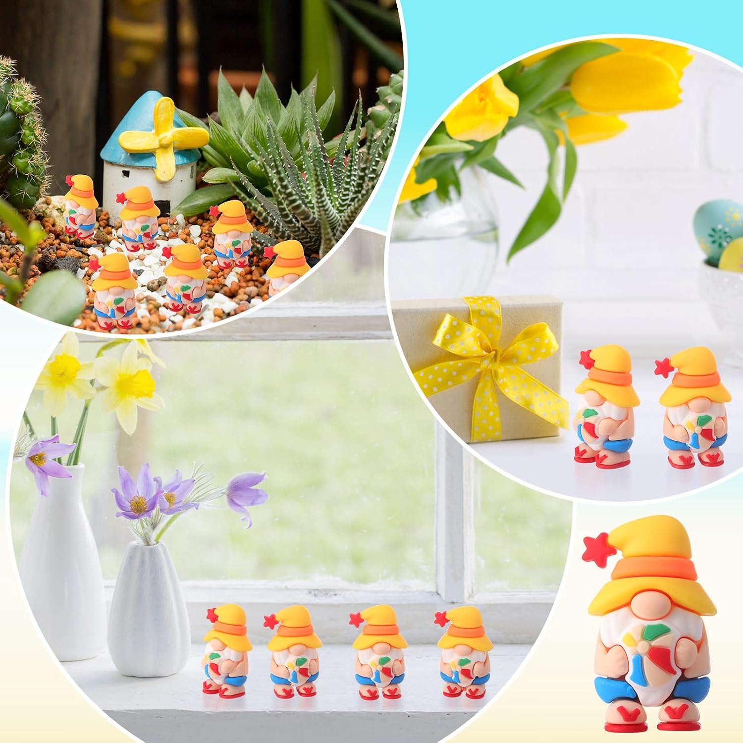 DoubleFill 50 Pcs Mini Summer Gnomes Figures Beach Miniature Figurines Decors Tiny Summer Party Statues Gifts Small Gnomes to Hide Party Favors Supplies Office Home Decoration