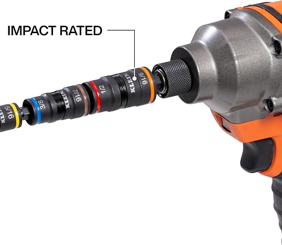 Klein Tools 32933 Klein Tools 32933 Impact Driver, SAE 7-in-1 Impact Rated Socket Set, 3 Flip Sockets with 6 Hex Driver Sizes and 1/4-Inch Bit Holder, 5-Inch Shaft