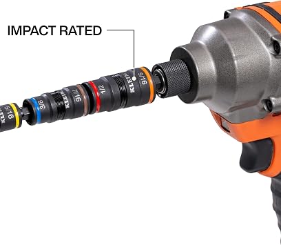 Klein Tools 32933 Klein Tools 32933 Impact Driver, SAE 7-in-1 Impact Rated Socket Set, 3 Flip Sockets with 6 Hex Driver Sizes and 1/4-Inch Bit Holder, 5-Inch Shaft