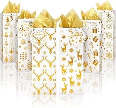 LATERN Pack of 12 Christmas Wine Bottle Bags, 12 cm x 10 cm x 35 cm Gold Foil Wine Paper Bags with Tissue Paper, Name Signs and Handle for Winter Holiday Christmas Wrapping Paper (6 Styles)