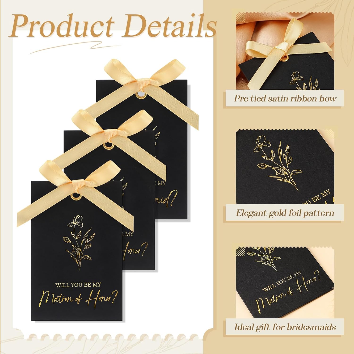11 Pcs Bridesmaid Proposal Card with Ribbon Bow Floral Metallic Bridal Gift 8 Will You Be My Bridesmaid 2 Maid of Honor 1 Matron of Honor Invitation for Bridal Shower (Black, Gold)