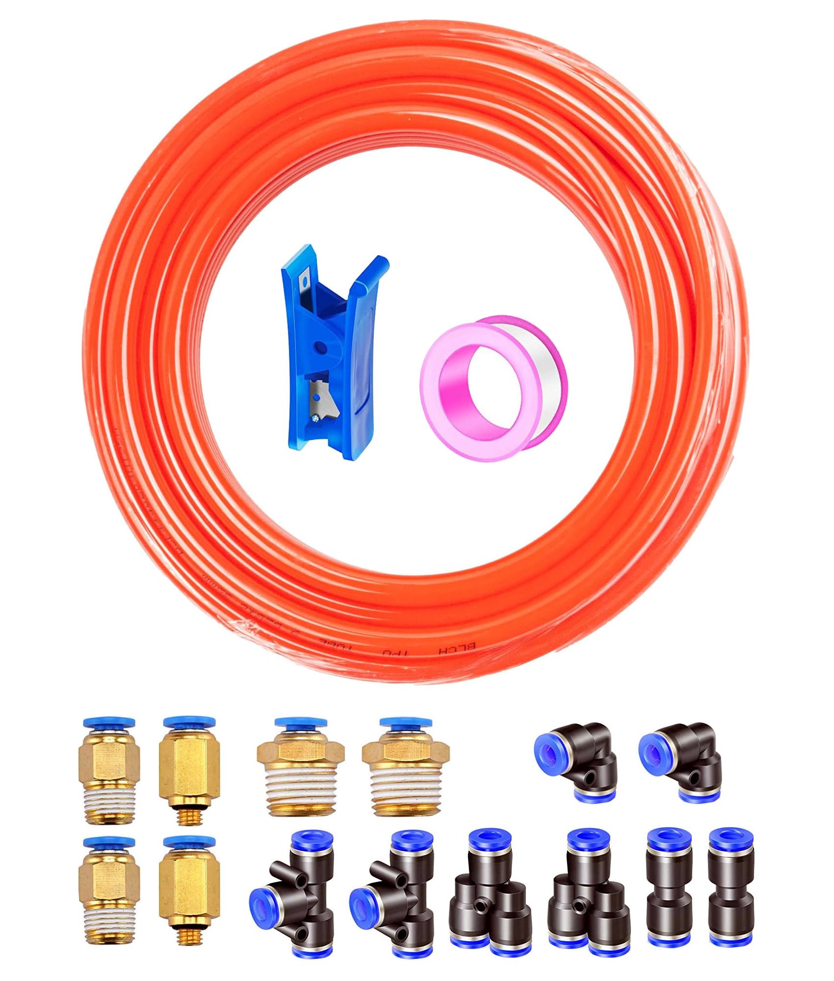 10 Metros Manguera Neumática 8mm OD/5 mm ID, Naranja Tubo Aire Comprimido Poliuretano PU Manguera de Aire Tubo Kit,Conexión Rápida de Tuberías de Aire 32.8ft con 14Pcs Guarniciones Neumaticas