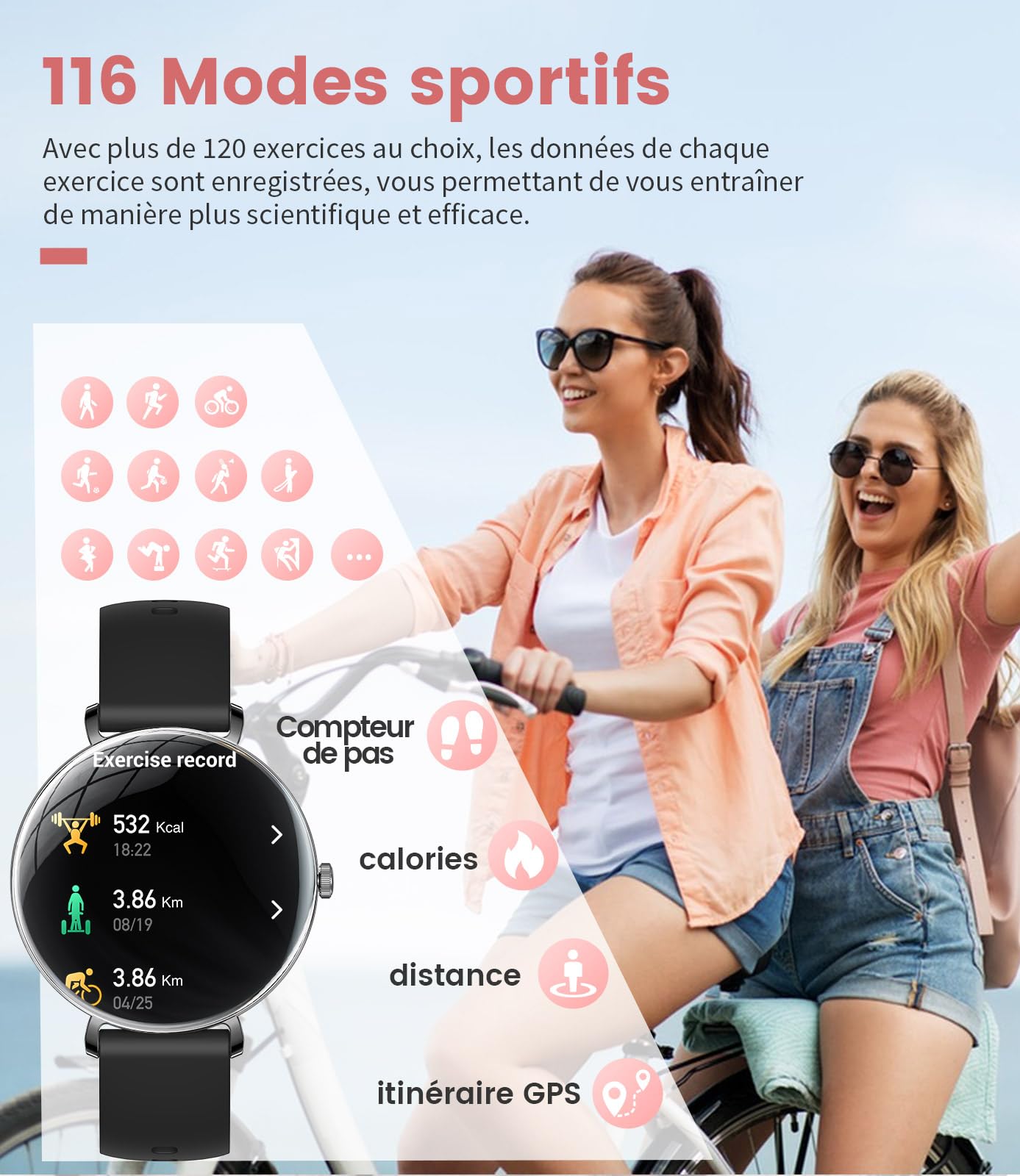 SUNKTA Montre Connectée Femme Léger avec Ultra-Mince 1.43'' Écran Courbé AMOLED Appels Podómetro/Fréquence Cardiaque 100+ Modes Sportifs IP68 Imperméable Élégante Femme Smartwatch Android iOS