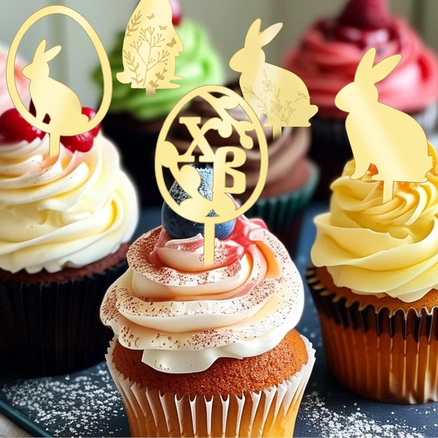 15Pcs Easter Gold Rabbit Cake Charms Mirror Acrylic Cake Picks, Happy Easter Cupcake Toppers Set, Party Fruit Desserts Decor Supplies