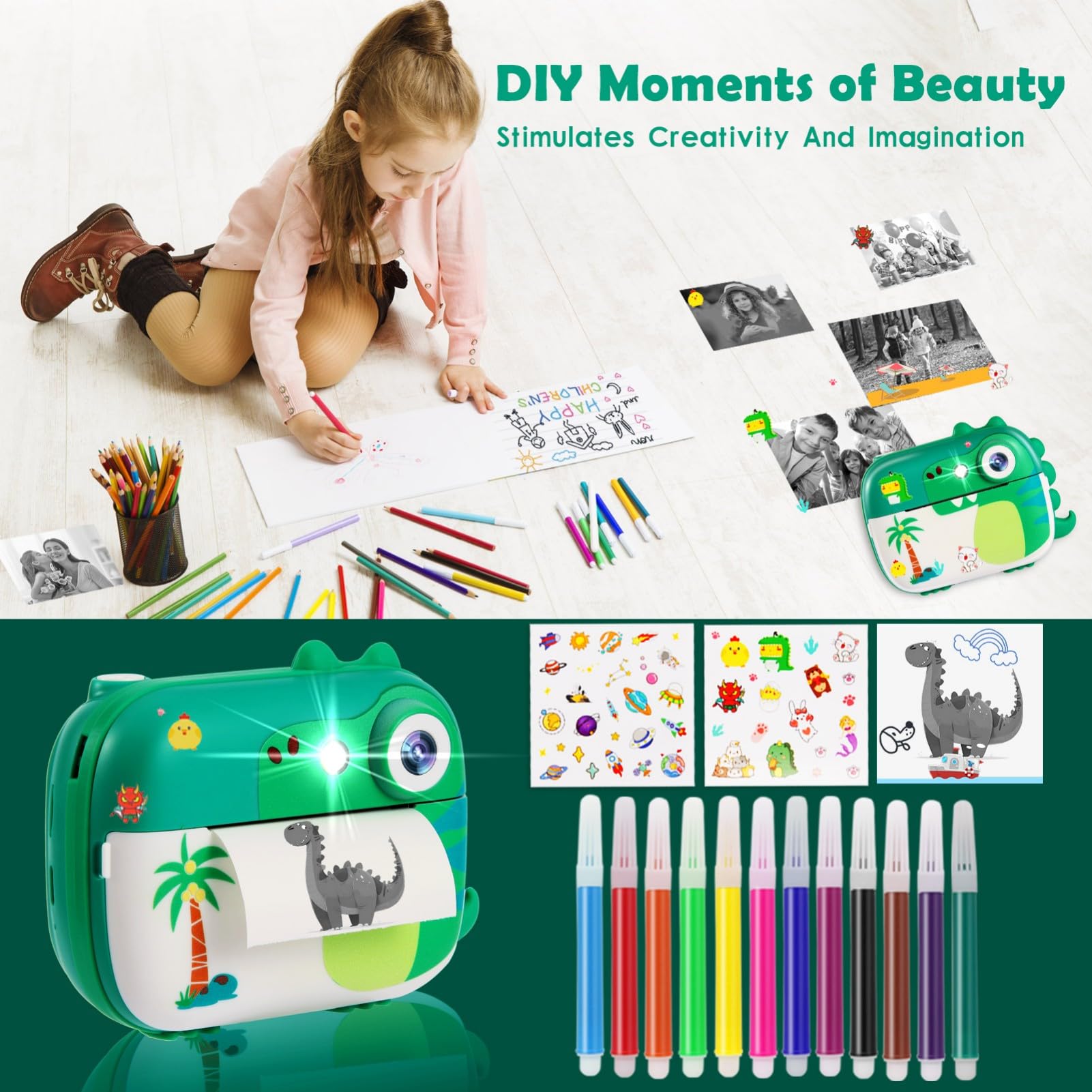 ARNSSIEN Sofortbildkamera Kinder,2.4" KinderKamera Sofortbildkamera mit 7 Rollen Druckpapier,1080P HD Digitalkamera Weihnachten Geburtstag Festival Geschenk für Jungen und Mädchen 3-12 Jahre,M3