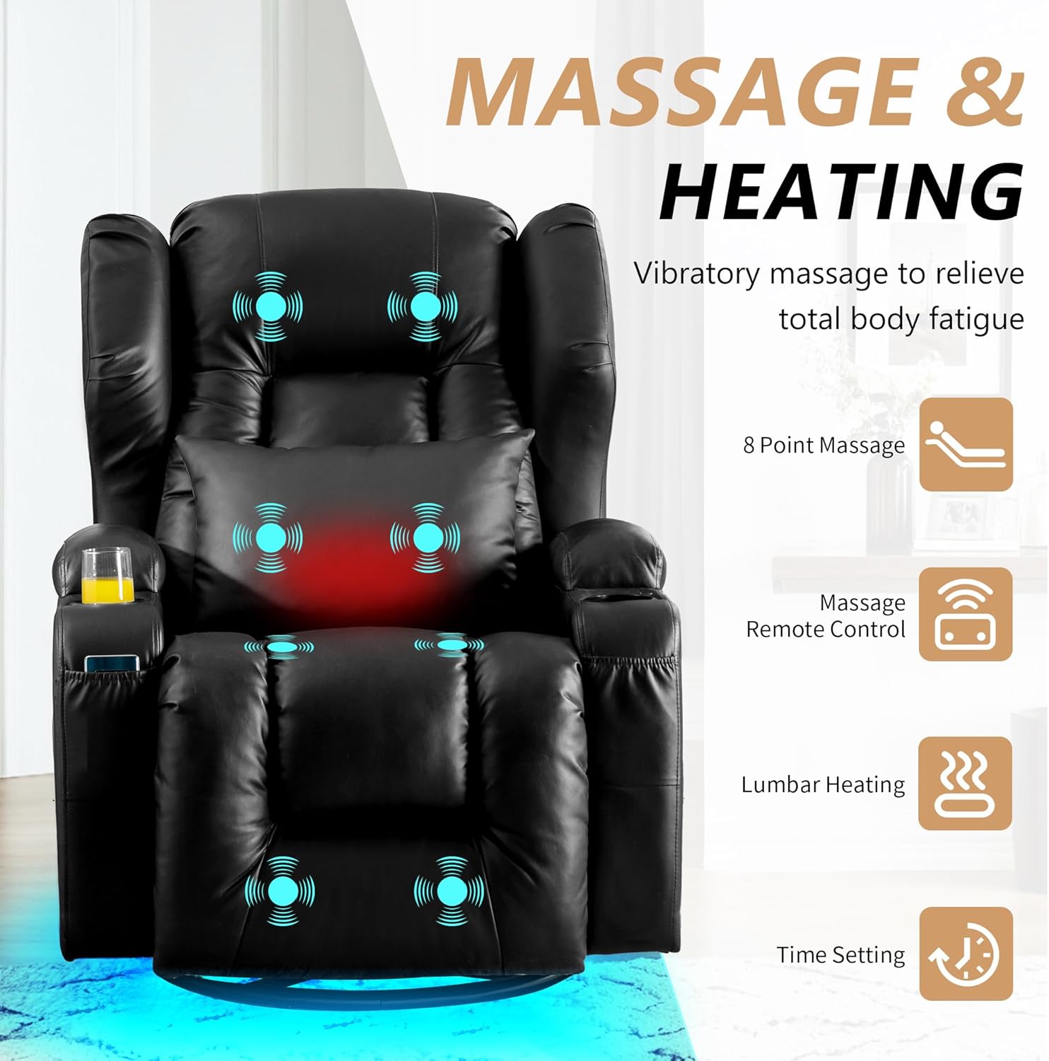 DRMBOOK Dual Motor Power Swivel Rocker Recliner Chairs, Electric Wall Hugger Reclining Sofa with Massage & Heat, Modern Theater Seating with LED/USB/Type-C Ports (Leather Black, Single Chair)
