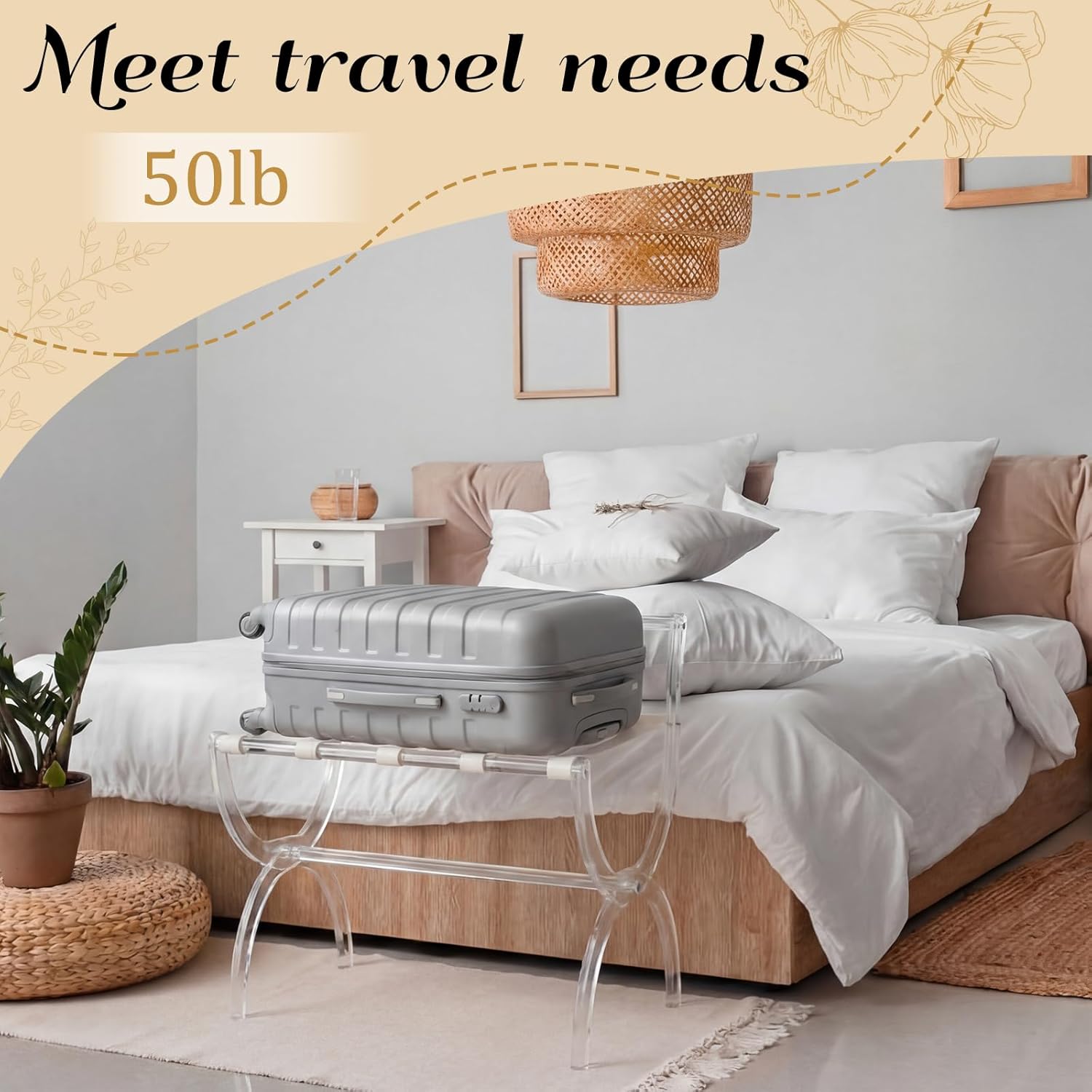 Acrylic Luggage Rack for Guest Room, Foldable Suitcase Stand with Back & Leather Straps, Clear Modern Design for Bedroom & Hotel, Heavy Duty Luggage Rack, Holds up to 100 lbs