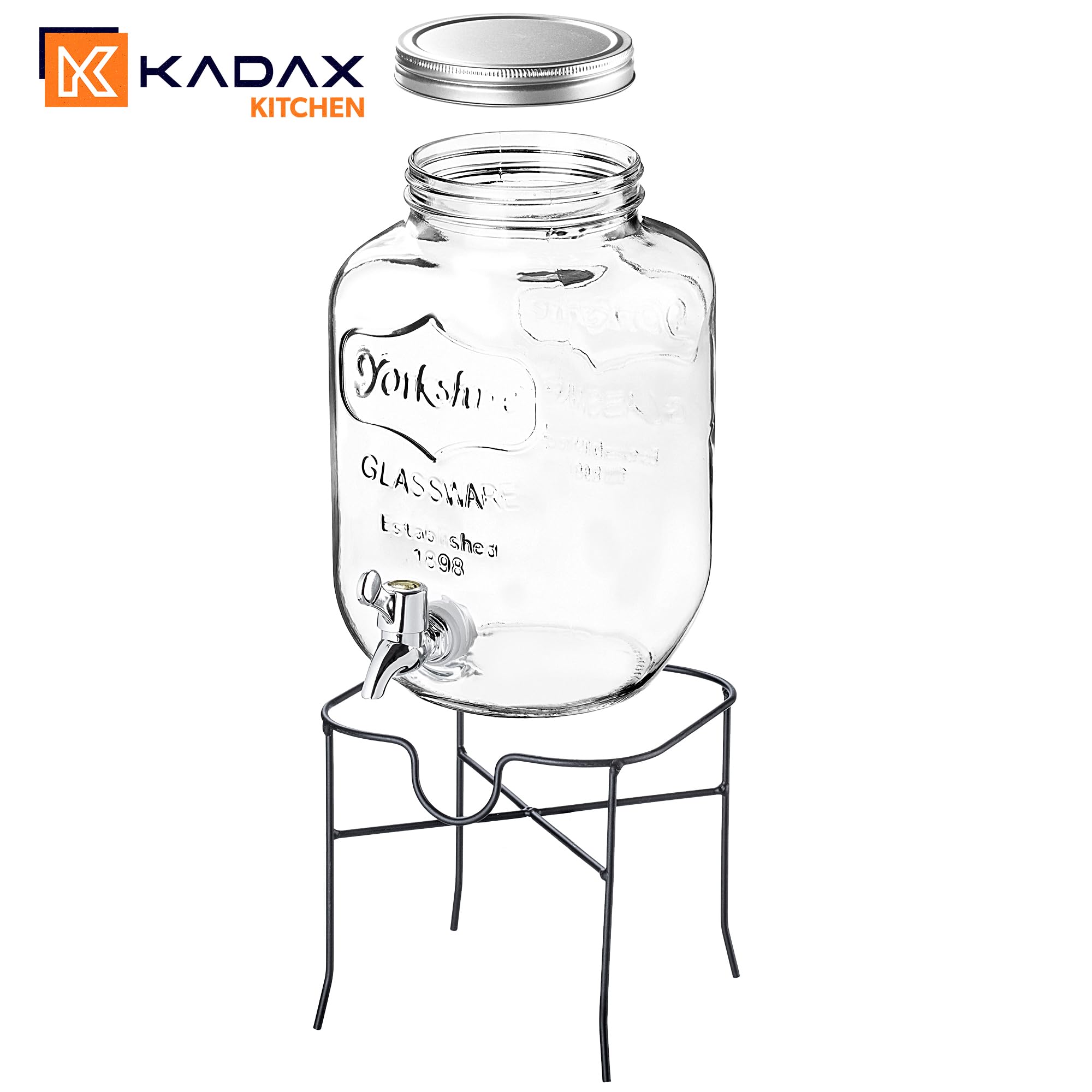 KADAX Distributore di bevande 4L con supporto, dispenser di succo in vetro, erogatore di acqua con rubinetto e coperchio, distributore di limonata, dispenser per bevande fredde (modello 3)