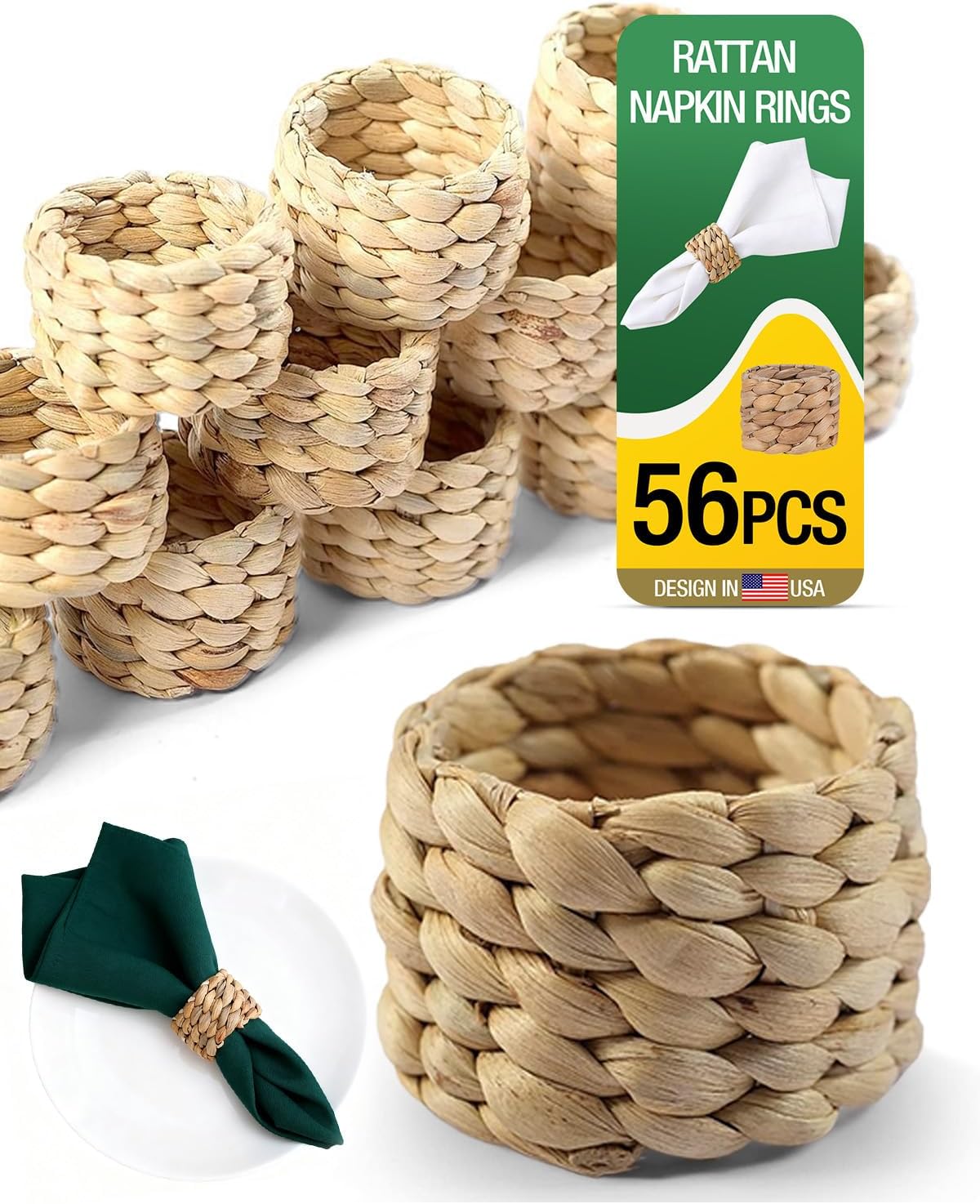 56 Pcs Rattan Napkin Rings Set, Woven Wicker Napkin Holders Bulk, Natural Water Hyacinth Handmade Boho Table Decor for Thanksgiving, Christmas, Wedding Table Dinnerware Decoration Set