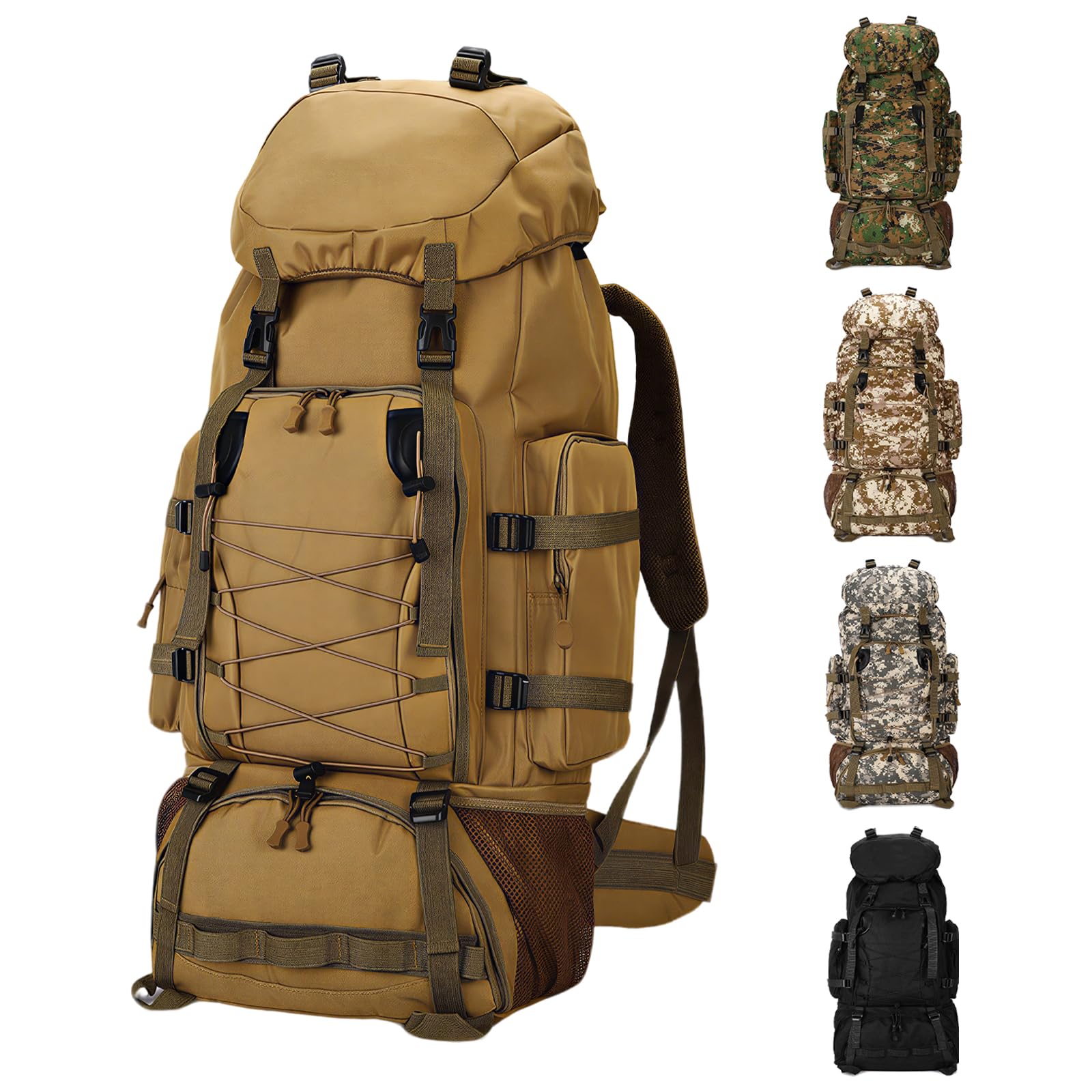 HOFSIN 90L Camping Hiking Backpack,Molle Military Tactical Rucksack Backpack,Waterproof Lightweight Hiking Backpack (Khaki, 90L)