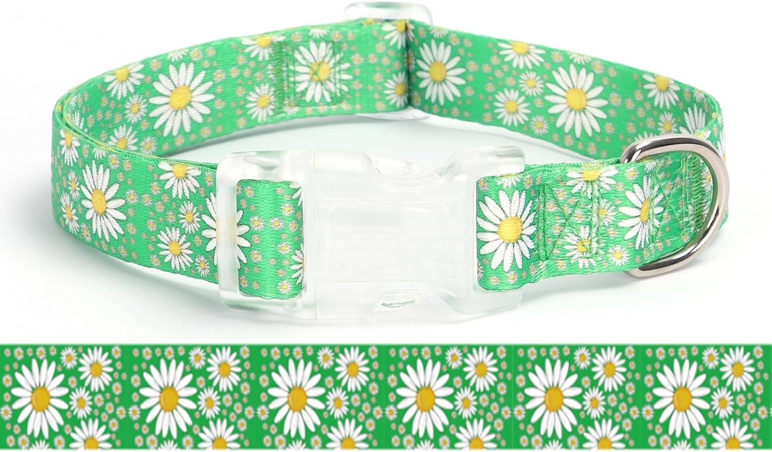 Green Daisy Floral Dog Collar - Durable Polyester Adjustable Collar, Cute Flower Print for Small Medium Large Puppies & Adult Dogs (Green, M (Neck 12"-17"))