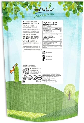 Miniatura 2 de Harina de linaza marrón orgánica, 8 onzas, sin OMG, kosher, molida en frío a partir de semillas enteras crudas, polvo puro, superalimento vegano, a