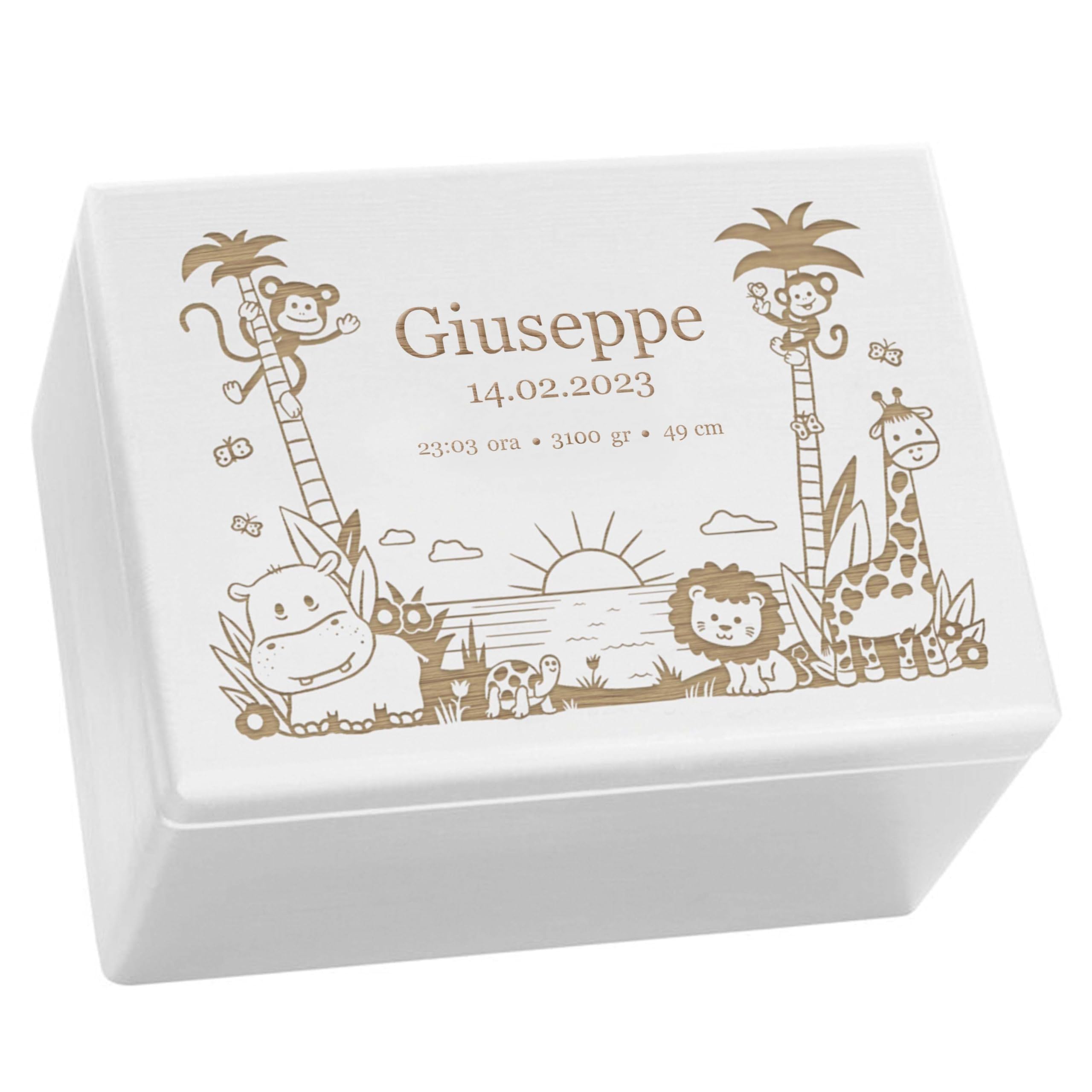 LAUBLUST Scatola dei ricordi per bambini - Giungla - Scatola regalo personalizzata per bambino | Taglia XL, ca. 40 x 30 x 24 cm, Bianco - Scatola decorativa in legno con coperchio, FSC®