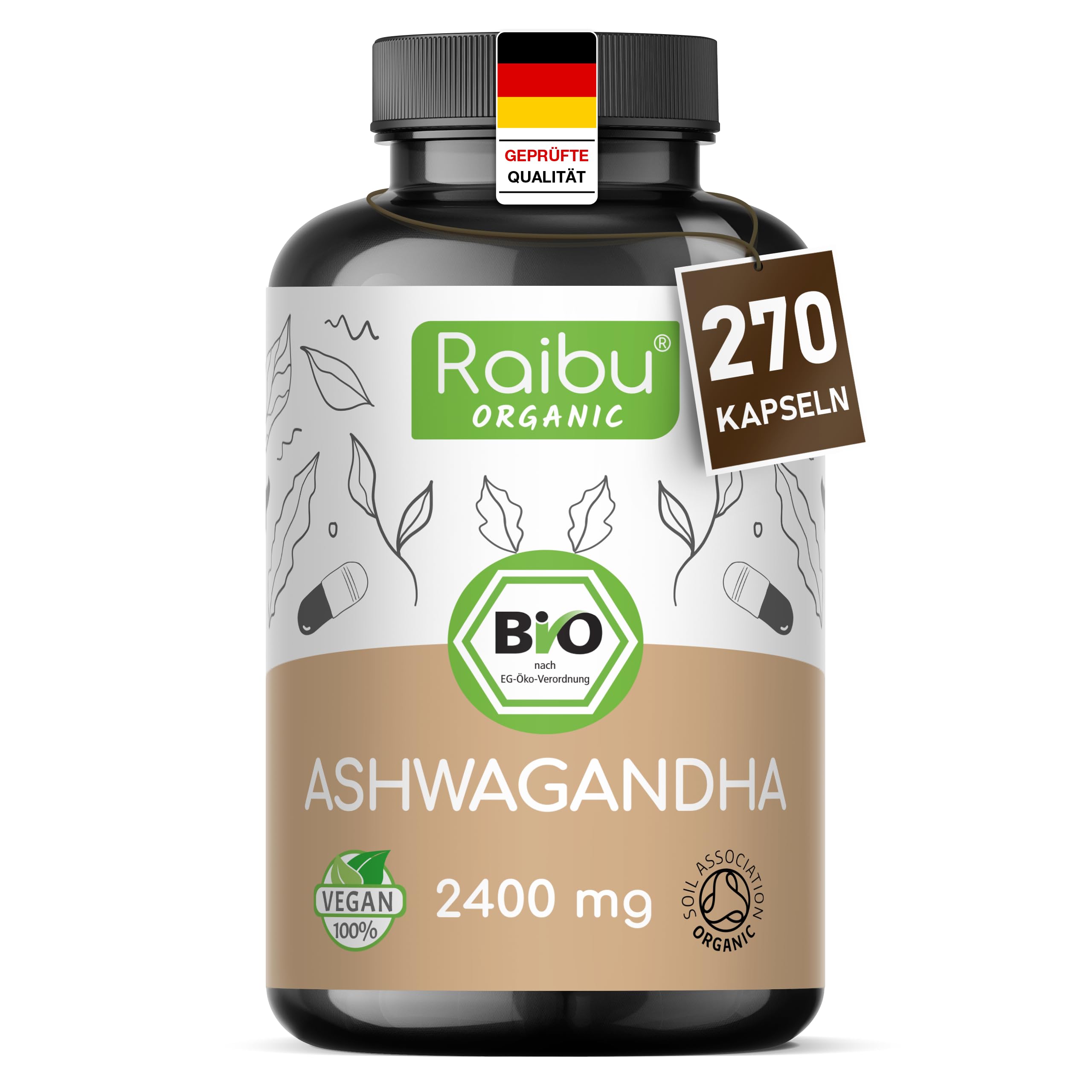 Ashwagandha Kapseln BIO Hochdosiert, 270 Kapseln mit 2400mg pro Tagedosis I Ashwagandha Wurzel Pulver in hoher Bio Qualität, ohne Zusätze aus deutscher Produktion I Raibu
