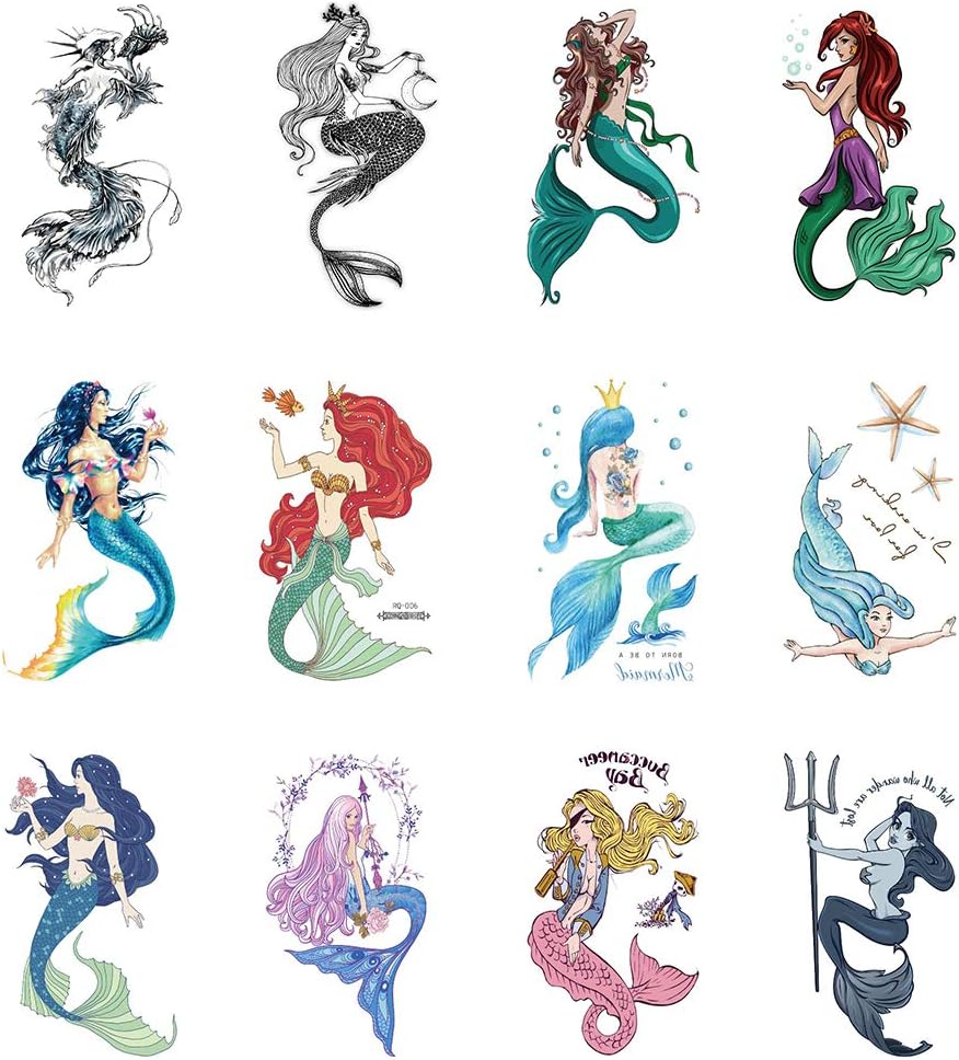 Intoy 12 Pack Mermaid Temporary Tattoos, Waterproof Body Art Stickers for Women Kids Girls and Models