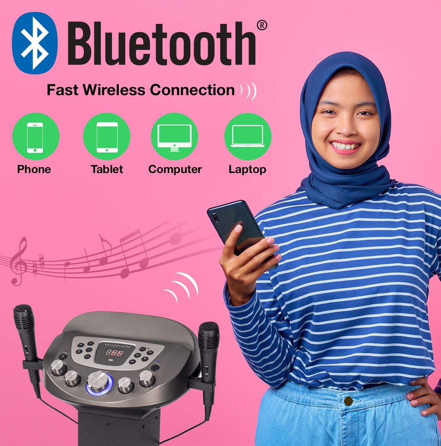 Bluetooth connectivity diagram showing phone, tablet, computer, and laptop connecting to the karaoke system