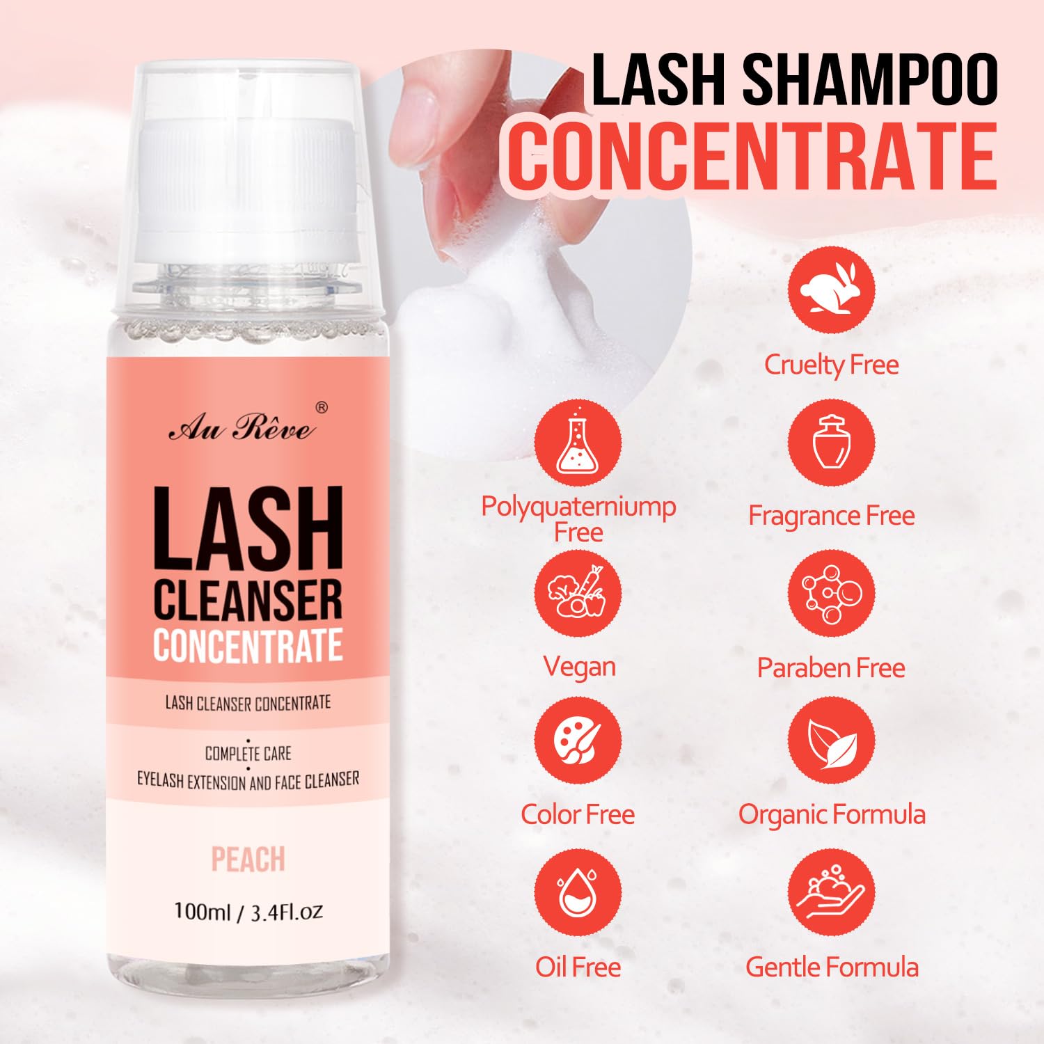 Lash Shampoo Concentrate 100 ml/3.4 fl.oz Lash Cleanser Concentrate Oil Free Eyelash Extension Shampoo for Salon Home Eyelash Care-Can Make 20 bottles of 60ml Lash Shampoo,Peach