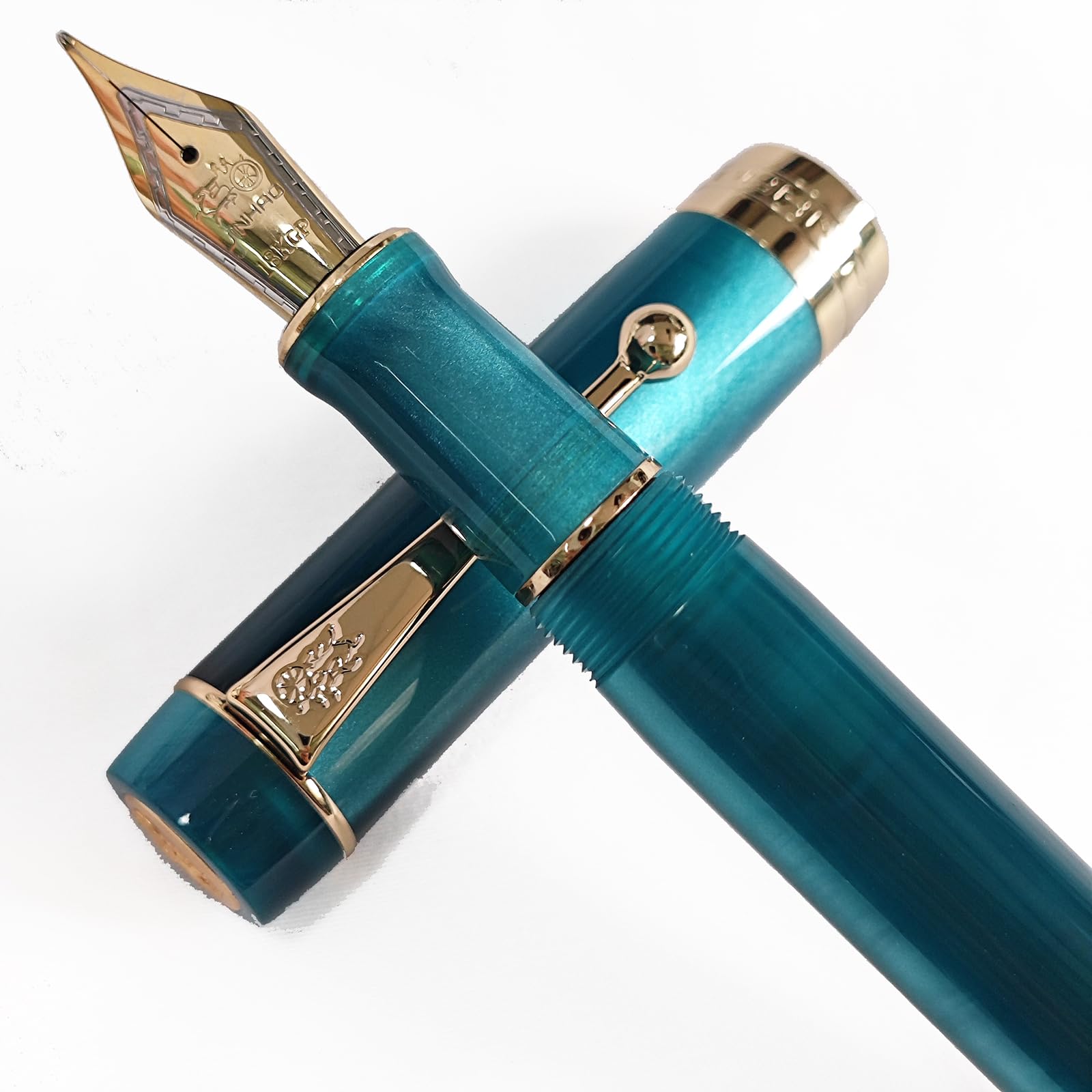 Jinhao 100 Classic Fountain Pen Rainbow Marble Celluloid, Medium Nib with Converter and Pen Case Set （Peacock Blue） (Peacock Blue, Black + Blue)