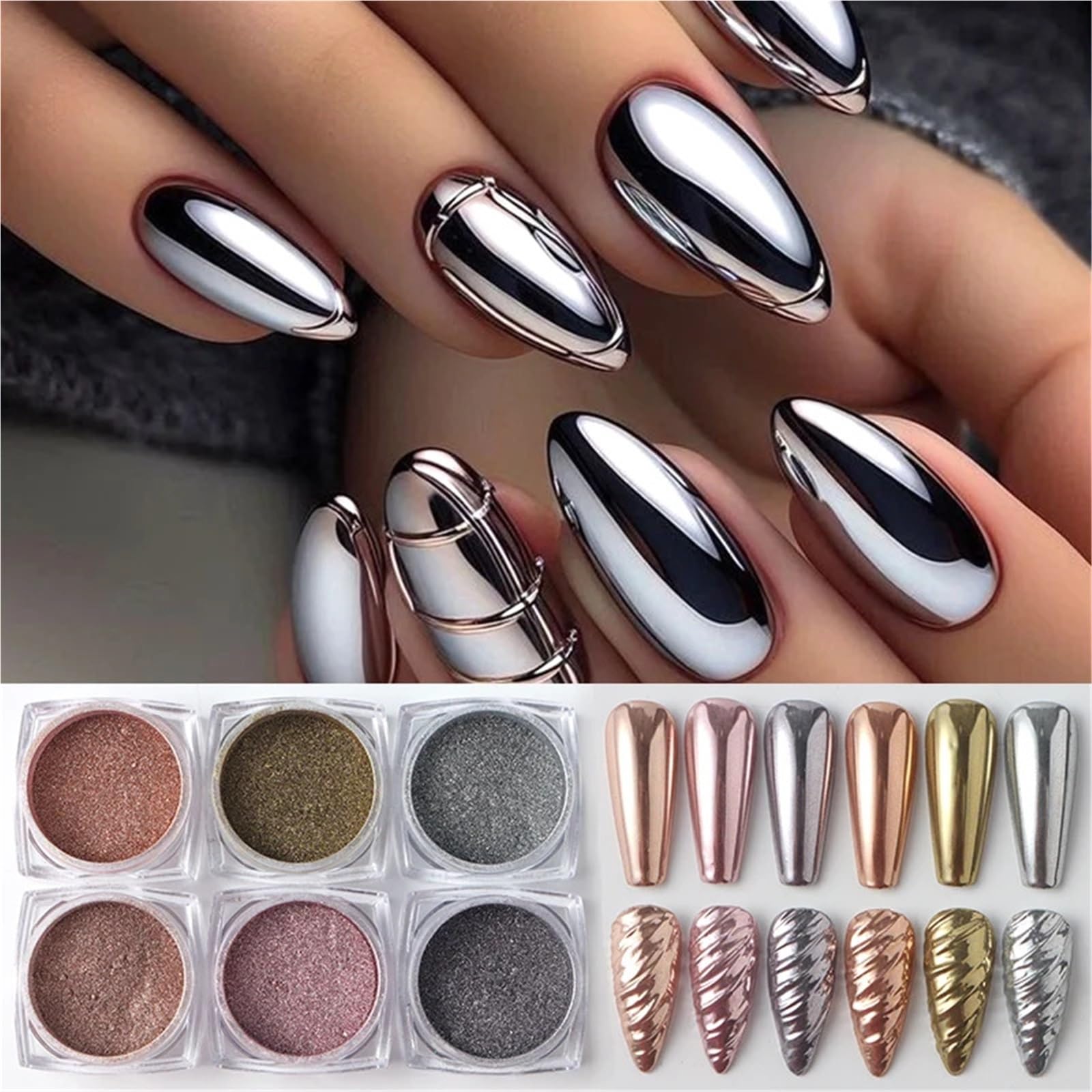 Polvo cromado para uñas 6/12 Uds oro plata rosa polvo de uñas cromo espejo metálico de lujo brillo frotar pigmento polvo hermosa decoración artística para Manicura(F-208-(01-02))