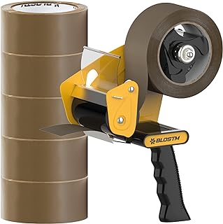BLOSTM Tape Gun & Strong Packing Tape 6pcs - Brown Parcel Tape Dispenser for Packing Boxes - with 6 Rolls of Brown Packing Tape Strong for Moving House, Sealing Parcel Boxes, Packaging (Brown)